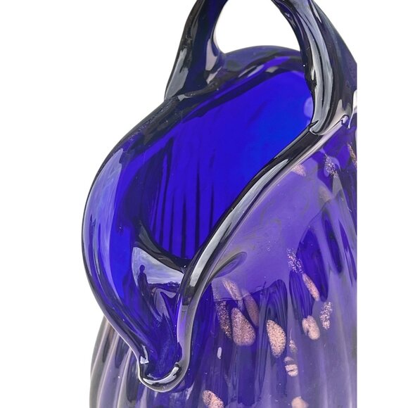 Murano Blown Glass Vase Basket Shape Cobalt Blue With Gold Sparkling Accents - Picture 10 of 15